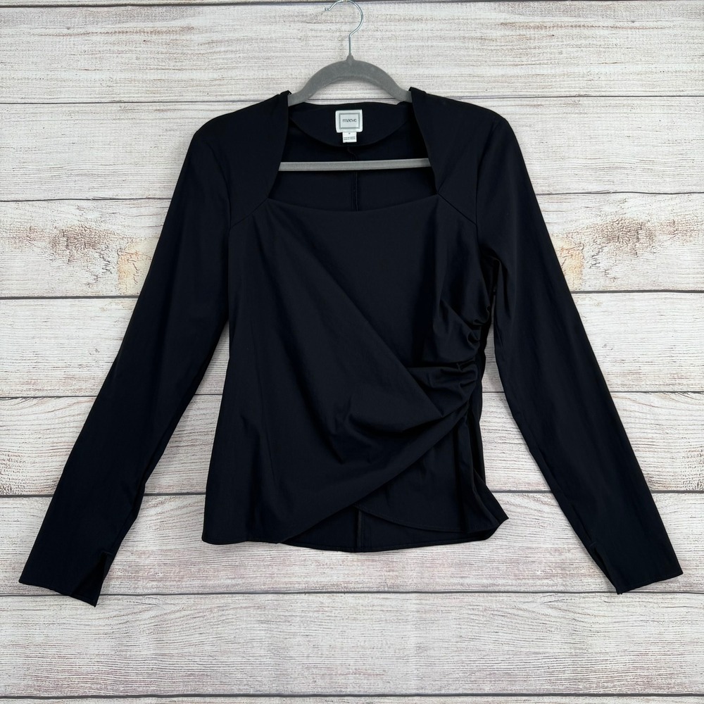 Maeve Blouse Womens Medium Black Square Neck Wrap‎ Front Long Sleeve OB2435884